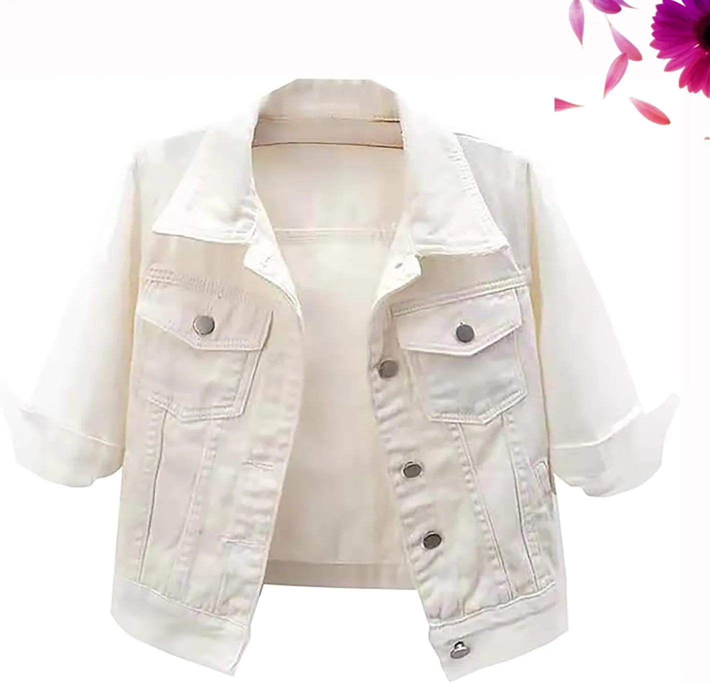 3/4 Sleeve Short Denim Jacket Plus Size,Jeans Jackets for Women 2024, Lapel Button Down Casual Jean Jackets