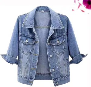 3/4 Sleeve Short Denim Jacket Plus Size,Jeans Jackets for Women 2024, Lapel Button Down Casual Jean Jackets