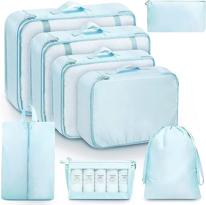8 Set Packing Cubes for Travel, Luggage Organizer Bags for TravelEssentials, Travel Cubes for Carry on Suitcases (Light Blue)