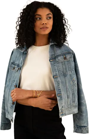 Able Clothing Bailey Classic Denim Jacket for Women, Stylish, Vinatge Non-Stretch, Soft High-Hip Length Denim Jacket with Dark Copper Hardware Accents (Light Blue, S)
