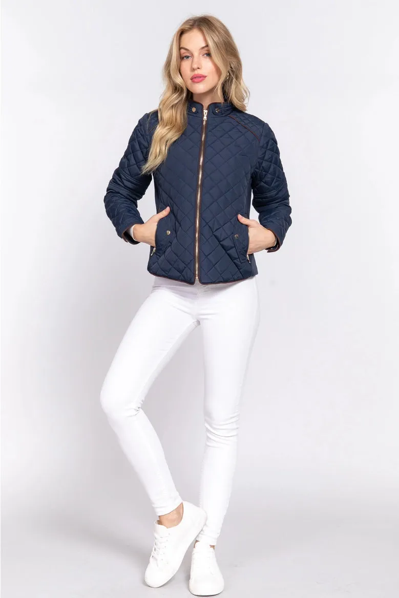 Active Basic Suede Piping Detail Rib Quilted Padding Jacket