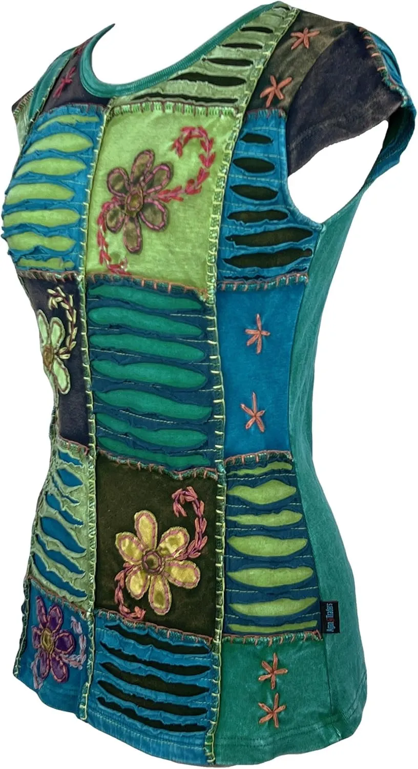 Agan Traders 2025 Summer Knit Cotton Stretchy Patch Bohemian Vibrant Cap Sleeveless Summer Top Tees Blouse