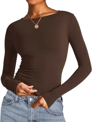 AKEWEI Long Sleeve Crop Tops for Women 2 Pack Fall Going Out Outfits Cute Tight Basic Tees Shirt