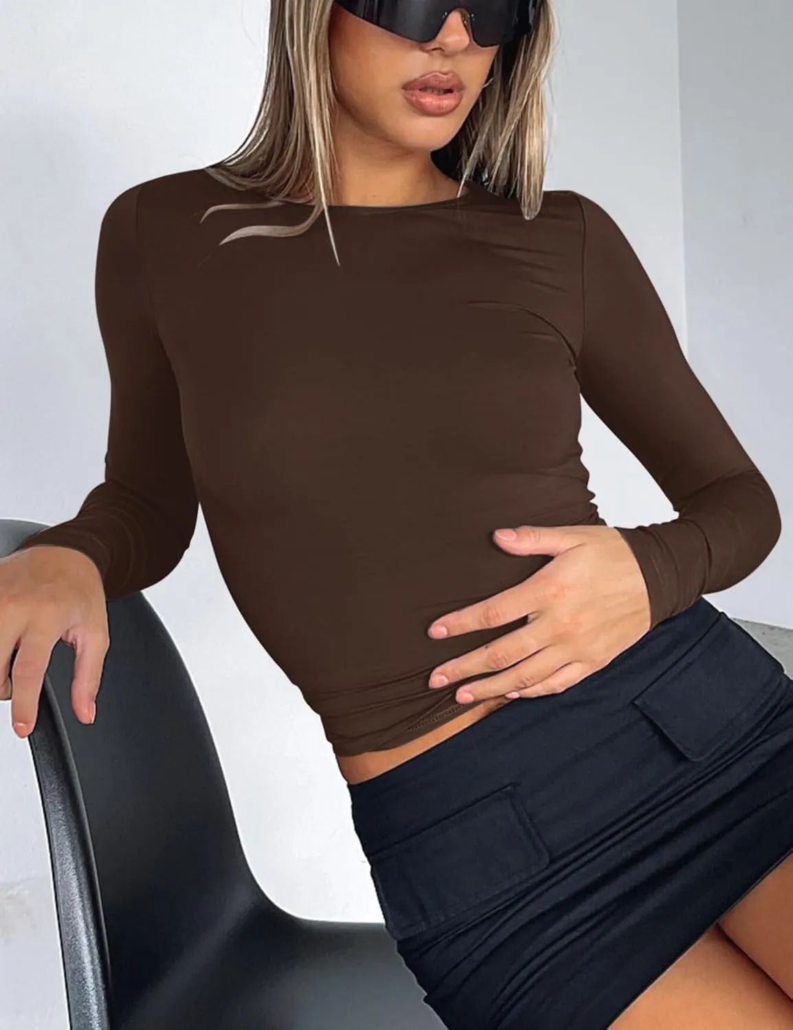 AKEWEI Long Sleeve Crop Tops for Women 2 Pack Fall Going Out Outfits Cute Tight Basic Tees Shirt