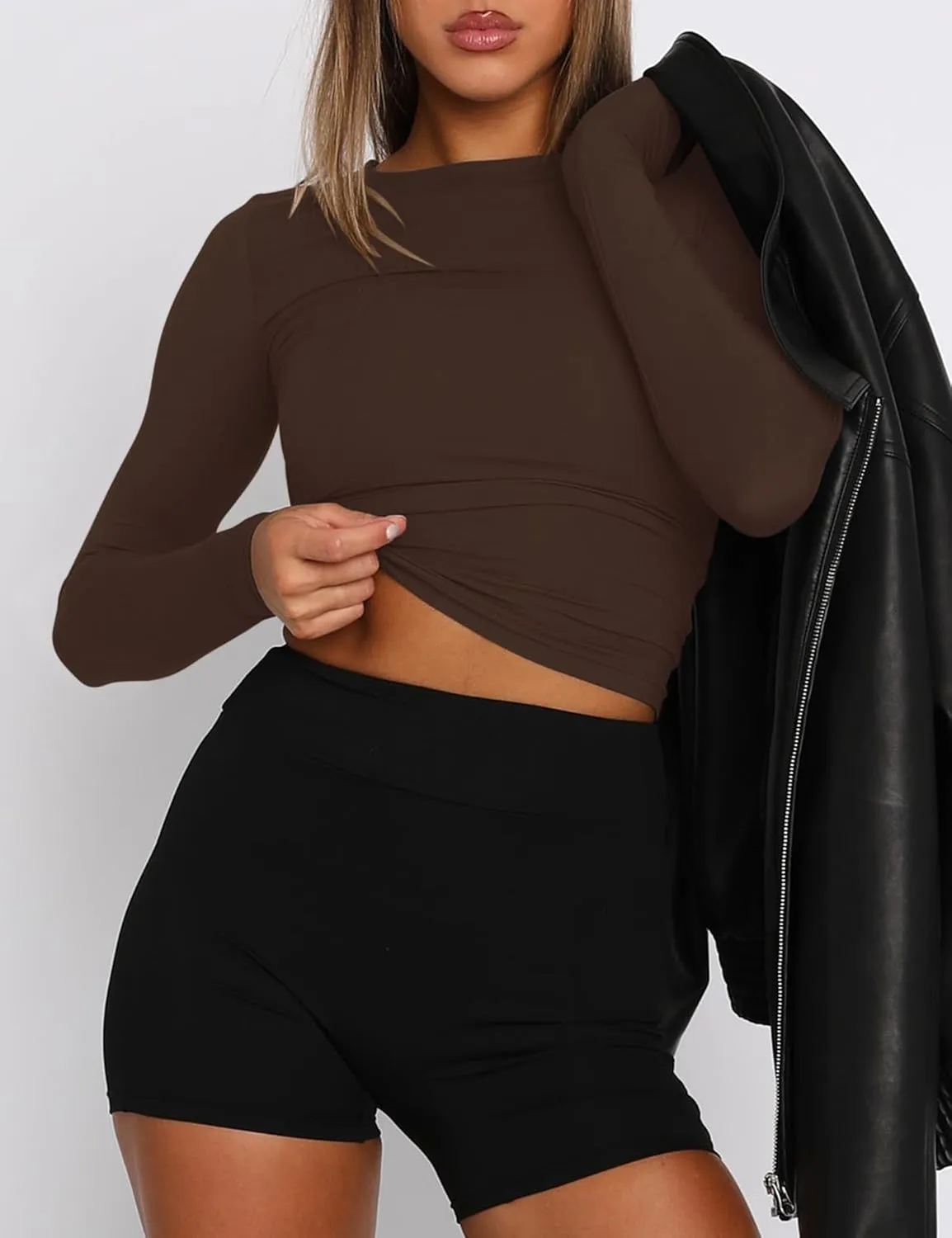 AKEWEI Long Sleeve Crop Tops for Women 2 Pack Fall Going Out Outfits Cute Tight Basic Tees Shirt