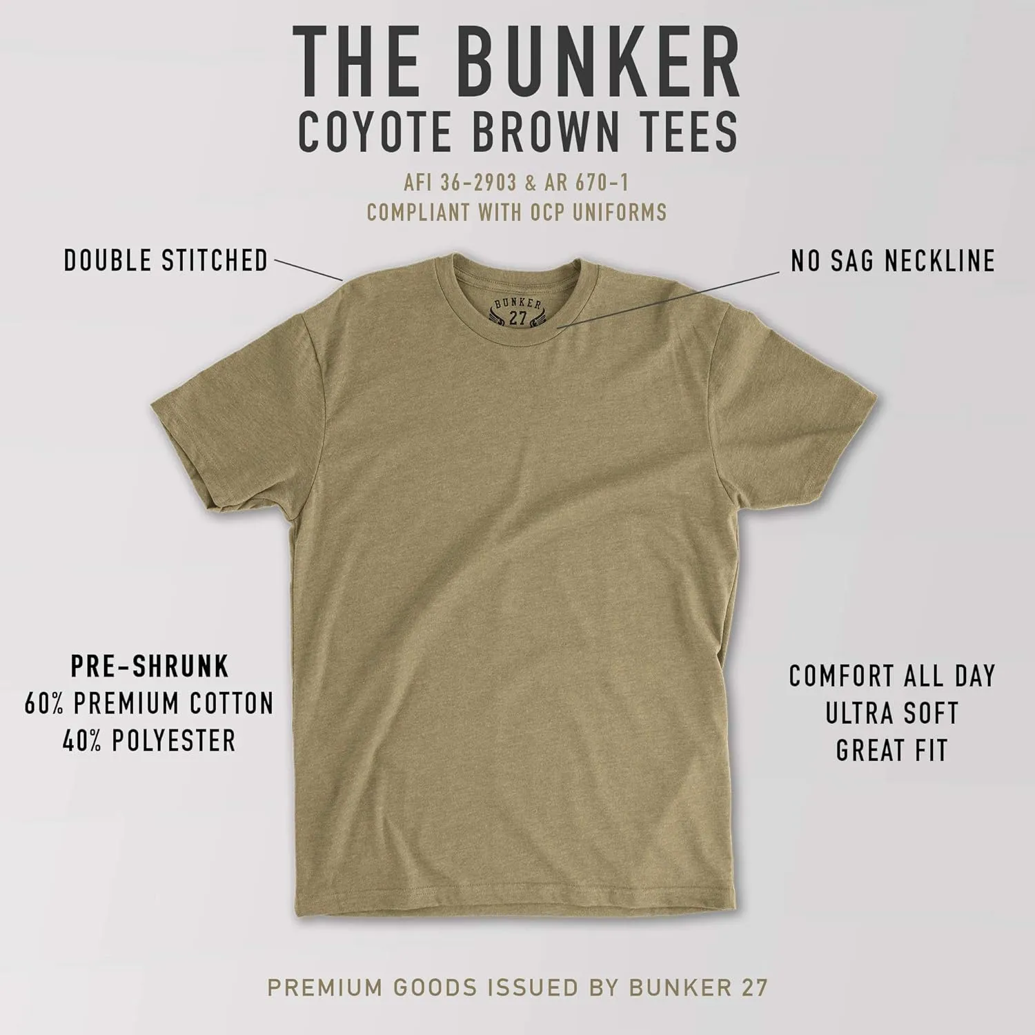 BUNKER 27 3-Pack Coyote Brown T-Shirt Military AFI 36-2903 & AR 670-1 Compliant