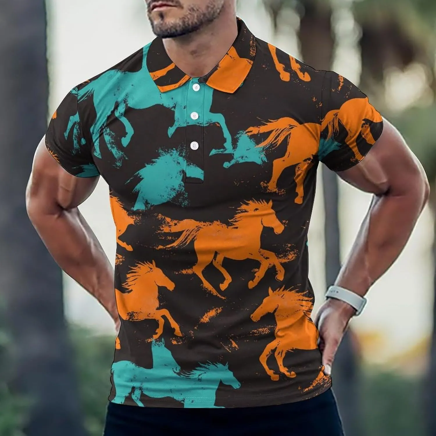Camouflage Horse Racing Abstract Mens Polo Shirts Quick Dry Short Sleeve T-shirts Slim Tennis Collared Tees Tops