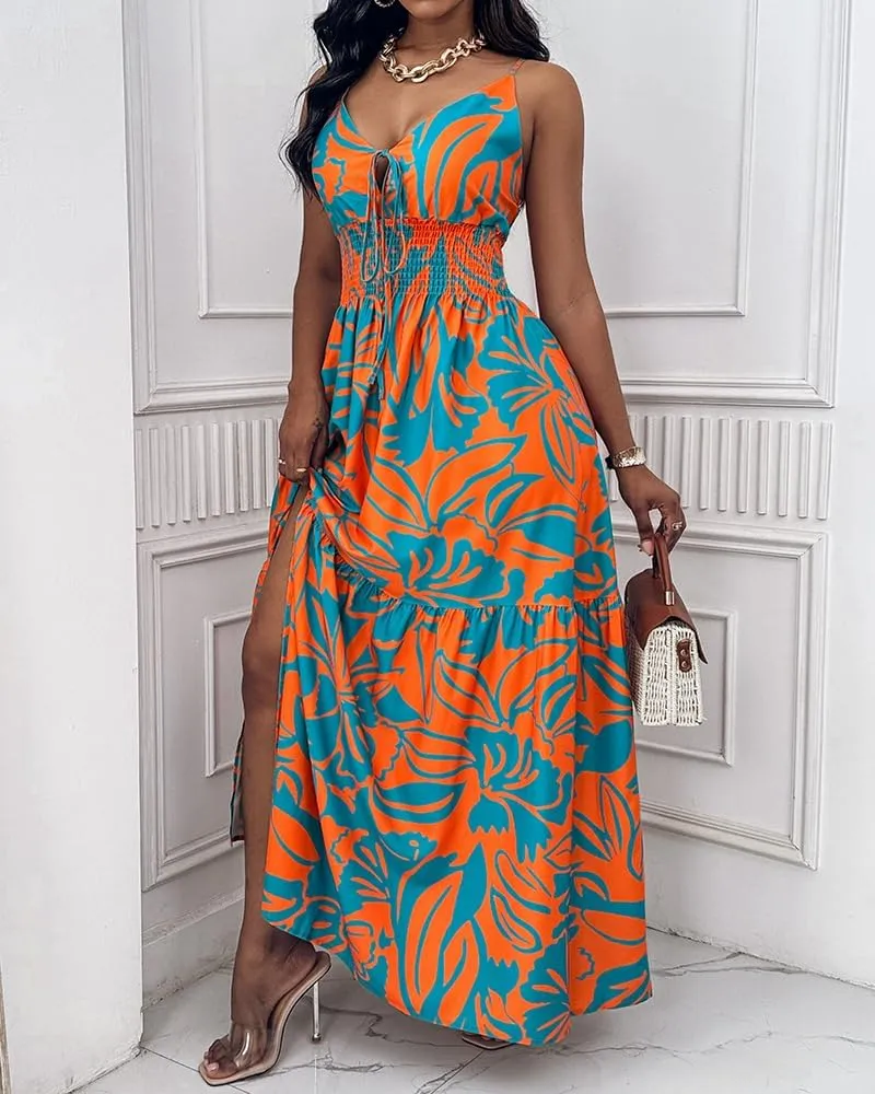 CHICME Womens Summer Boho Dress Floral Spaghetti Strap V Neck Maxi Dresses Casual Shirred Side Slit Beach Sundress