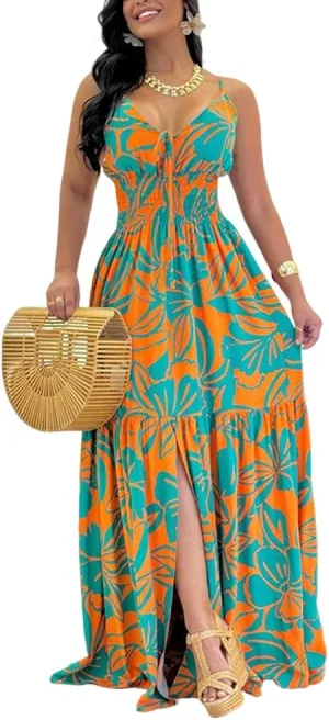 CHICME Womens Summer Boho Dress Floral Spaghetti Strap V Neck Maxi Dresses Casual Shirred Side Slit Beach Sundress