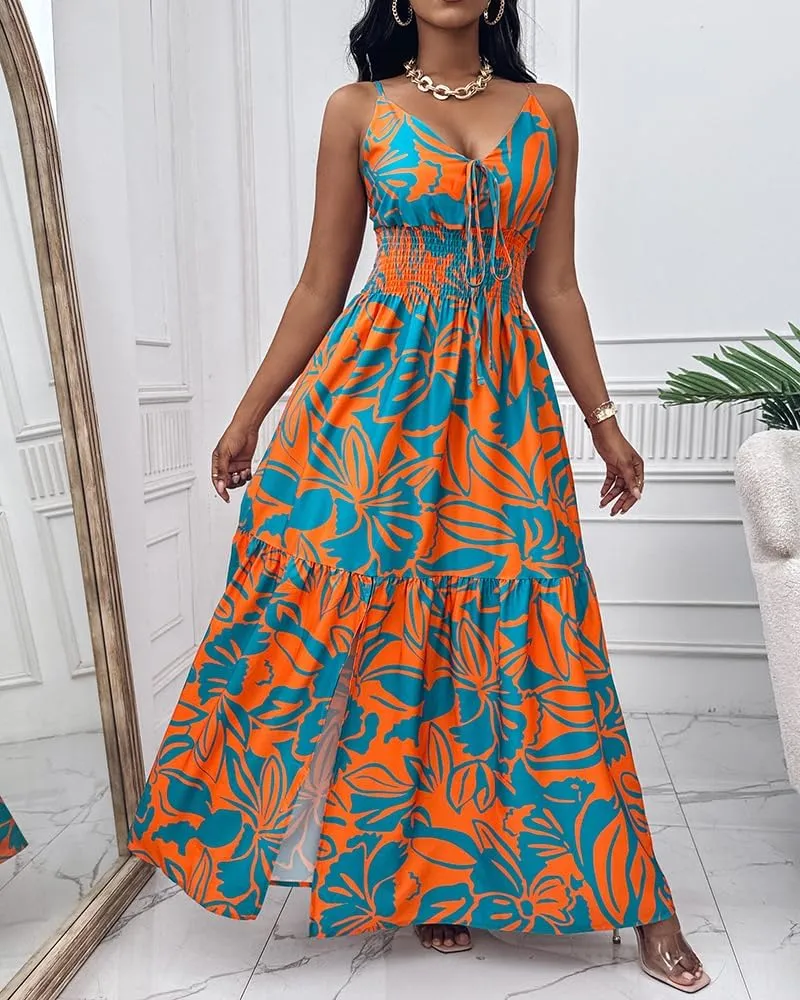 CHICME Womens Summer Boho Dress Floral Spaghetti Strap V Neck Maxi Dresses Casual Shirred Side Slit Beach Sundress