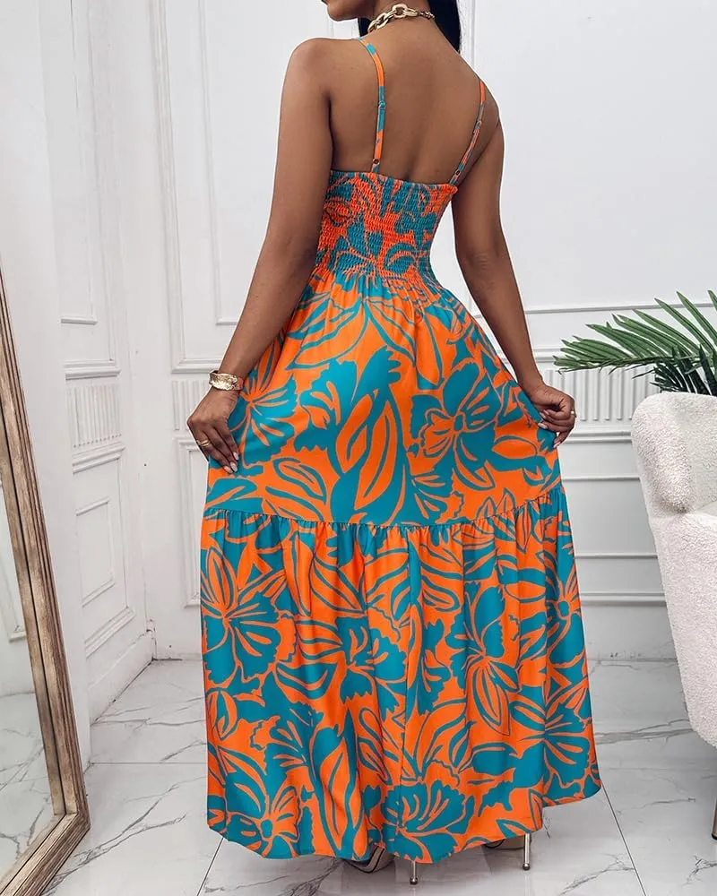 CHICME Womens Summer Boho Dress Floral Spaghetti Strap V Neck Maxi Dresses Casual Shirred Side Slit Beach Sundress
