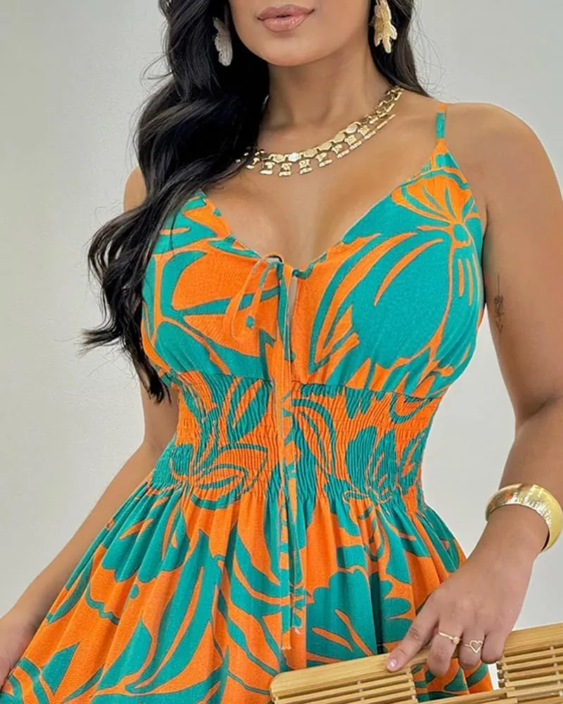 CHICME Womens Summer Boho Dress Floral Spaghetti Strap V Neck Maxi Dresses Casual Shirred Side Slit Beach Sundress