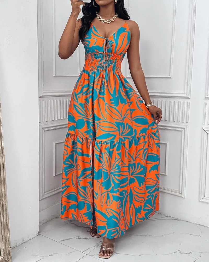 CHICME Womens Summer Boho Dress Floral Spaghetti Strap V Neck Maxi Dresses Casual Shirred Side Slit Beach Sundress