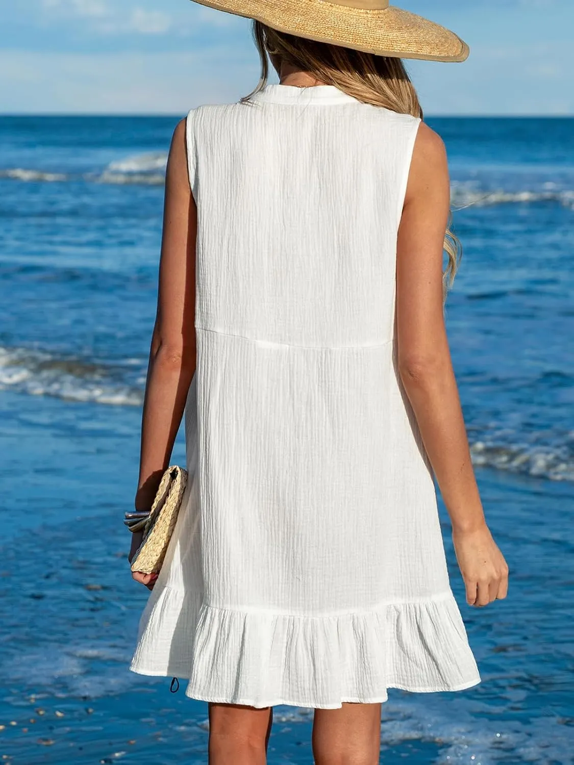 CUPSHE Women Swimsuit Coverup 100% Cotton Ruffle Hem Beach Cover Up Dresses