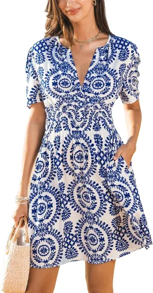 CUPSHE Womens Summer Dresses 2025 V Neck Short Sleeve Flowy A-line Beach Vacation Dress with Pockets