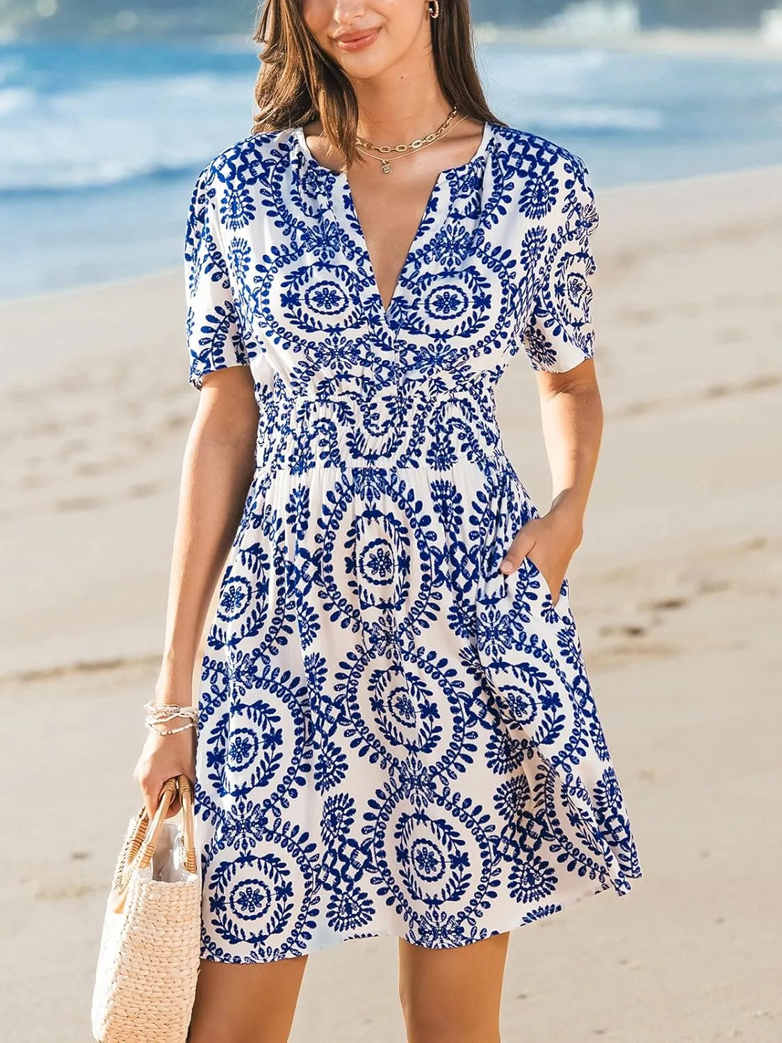CUPSHE Womens Summer Dresses 2025 V Neck Short Sleeve Flowy A-line Beach Vacation Dress with Pockets