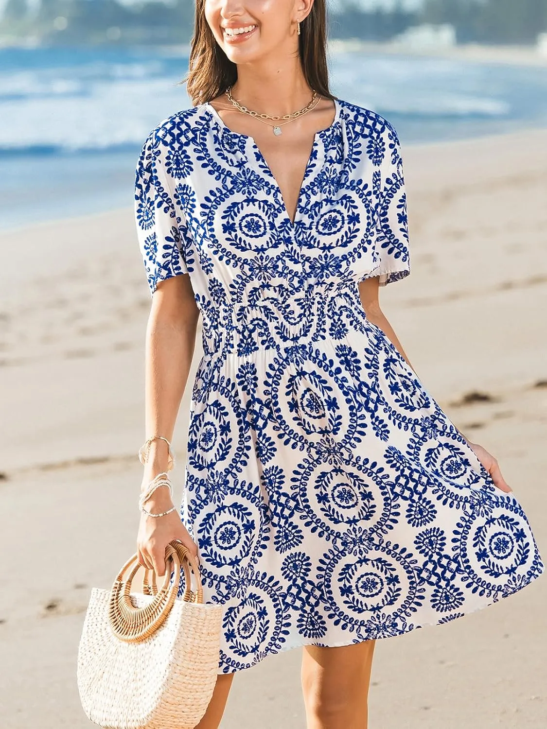 CUPSHE Womens Summer Dresses 2025 V Neck Short Sleeve Flowy A-line Beach Vacation Dress with Pockets