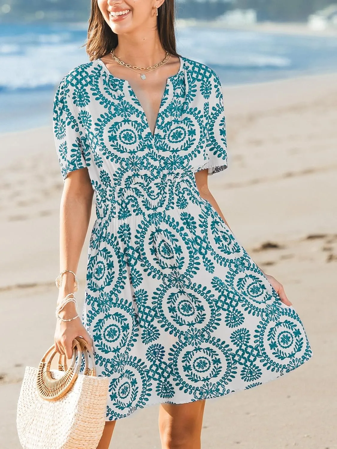 CUPSHE Womens Summer Dresses 2025 V Neck Short Sleeve Flowy A-line Beach Vacation Dress with Pockets