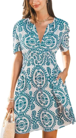 CUPSHE Womens Summer Dresses 2025 V Neck Short Sleeve Flowy A-line Beach Vacation Dress with Pockets