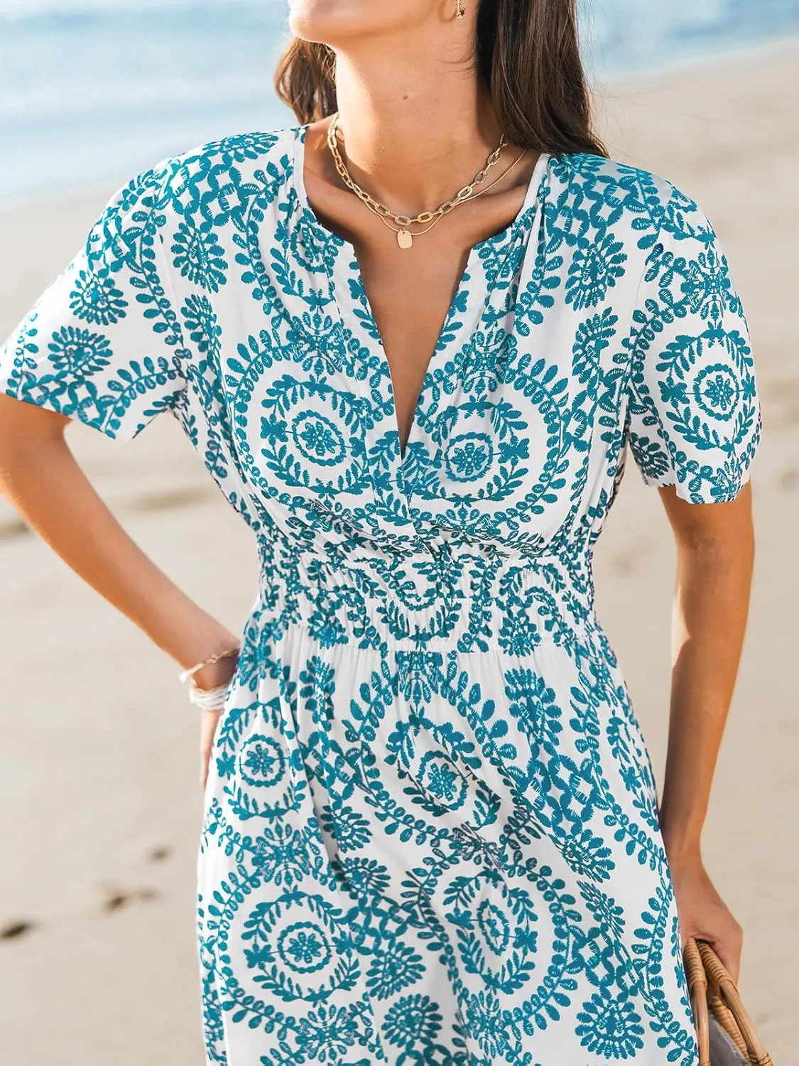 CUPSHE Womens Summer Dresses 2025 V Neck Short Sleeve Flowy A-line Beach Vacation Dress with Pockets