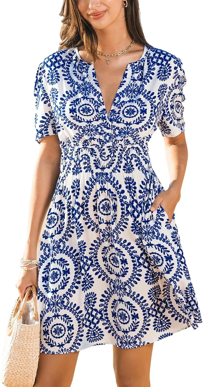 CUPSHE Womens Summer Dresses 2025 V Neck Short Sleeve Flowy A-line Beach Vacation Dress with Pockets