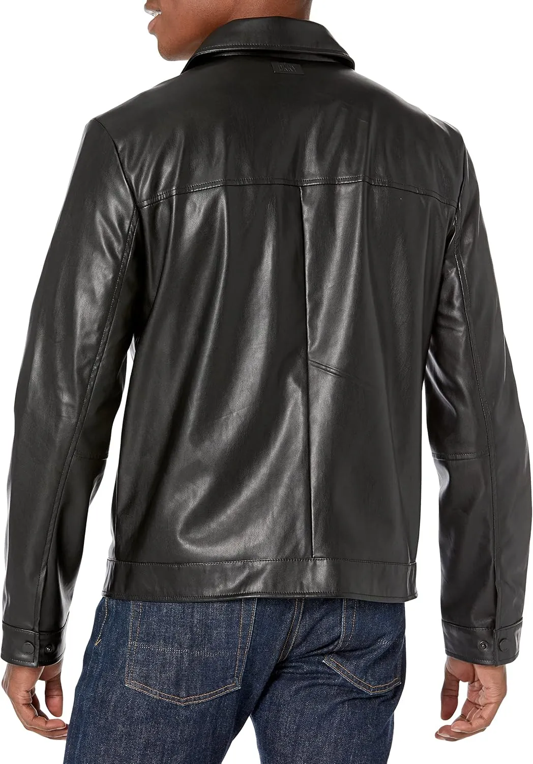 DKNY Men's Faux Leather Classic Laydown Collar Bomber Jacket