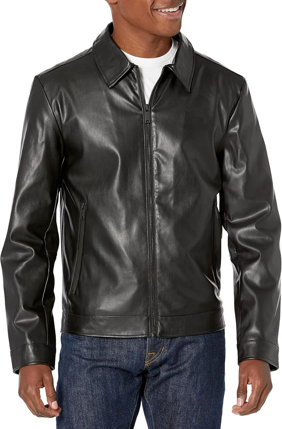 DKNY Men's Faux Leather Classic Laydown Collar Bomber Jacket