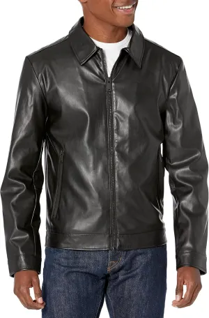 DKNY Men's Faux Leather Classic Laydown Collar Bomber Jacket
