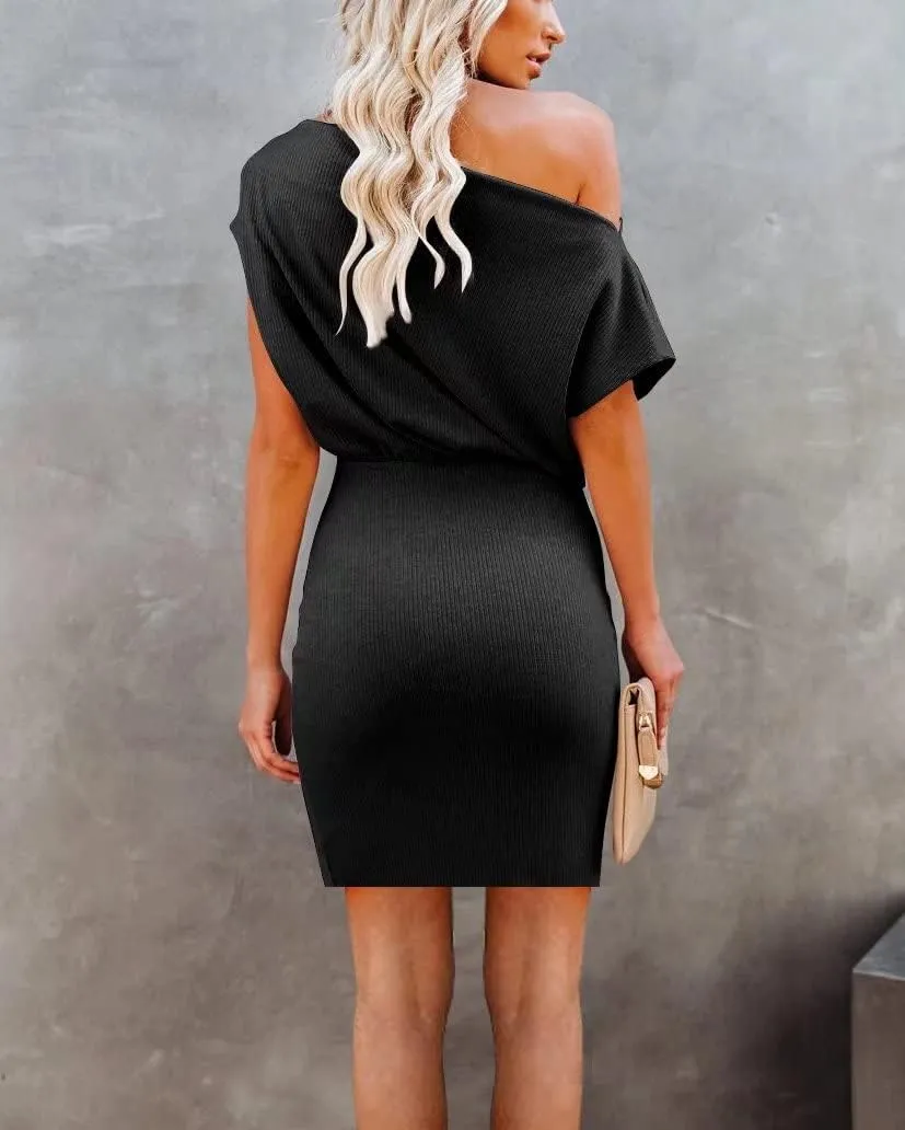 Ezbelle Women's Off The Shoulder Short Sleeve Ribbed Casual Summer HIPS-Wrapped Bodycon Party Mini Batwing Dress
