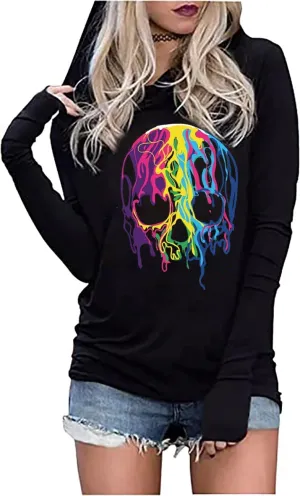 FCHICH Skull Hoodie Tshirt Women Vintage Gothic Graphic Tees Halloween Hoodies Casual Fall Long Sleeve Pullover Tops