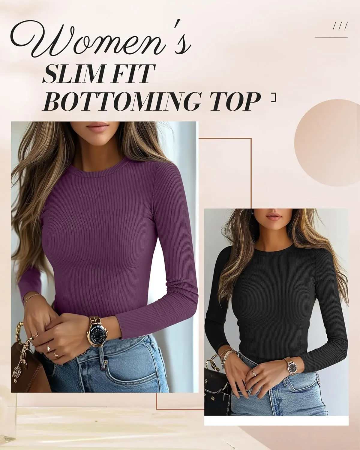 Ficerd 3 Pack Women's Long Sleeve Shirts, Crew Neck Slim Fit Tees Ribbed Knit Undershirts Casual Stretch Basic Layering Tops