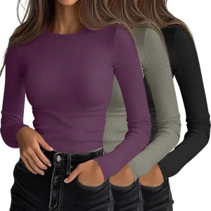 Ficerd 3 Pack Women's Long Sleeve Shirts, Crew Neck Slim Fit Tees Ribbed Knit Undershirts Casual Stretch Basic Layering Tops