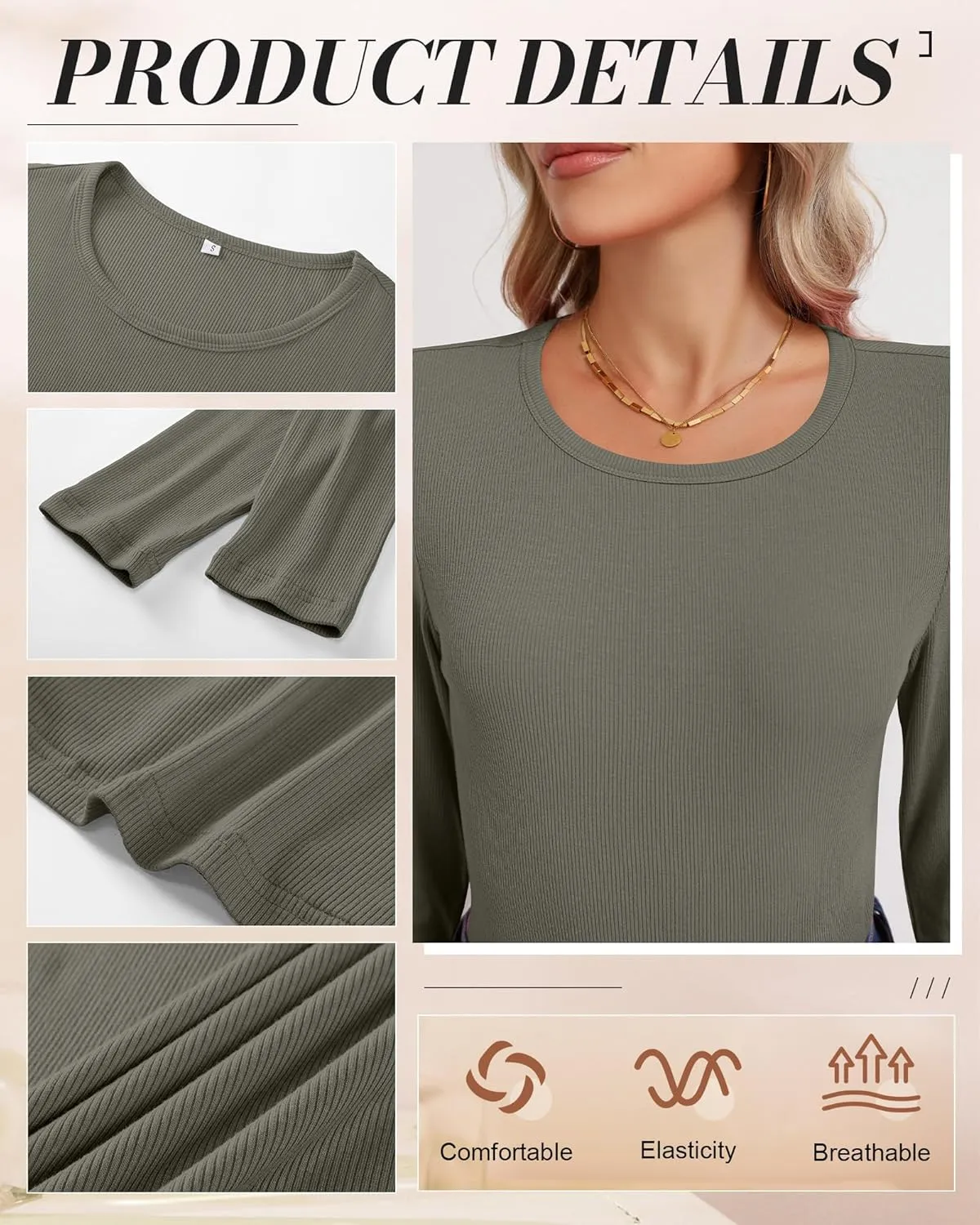 Ficerd 3 Pack Women's Long Sleeve Shirts, Crew Neck Slim Fit Tees Ribbed Knit Undershirts Casual Stretch Basic Layering Tops