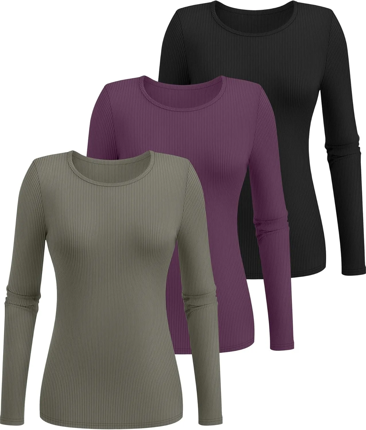 Ficerd 3 Pack Women's Long Sleeve Shirts, Crew Neck Slim Fit Tees Ribbed Knit Undershirts Casual Stretch Basic Layering Tops
