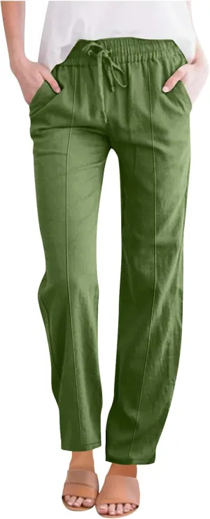 Flowy Linen Pants for Women Casual Solid Color Straight Leg Pants Summer Comfort Drawstring Trousers 2025
