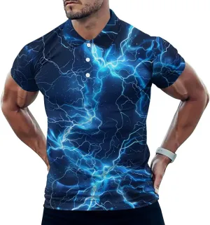 Glowing Blue Thunder Mens Polo Shirts Quick Dry Short Sleeve T-shirts Slim Tennis Collared Tees Tops