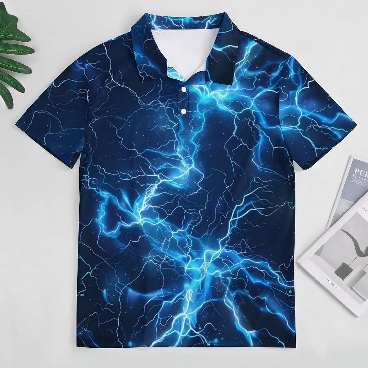 Glowing Blue Thunder Mens Polo Shirts Quick Dry Short Sleeve T-shirts Slim Tennis Collared Tees Tops