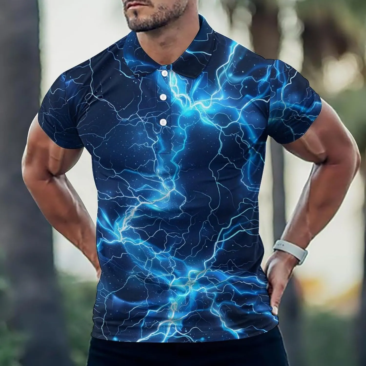 Glowing Blue Thunder Mens Polo Shirts Quick Dry Short Sleeve T-shirts Slim Tennis Collared Tees Tops