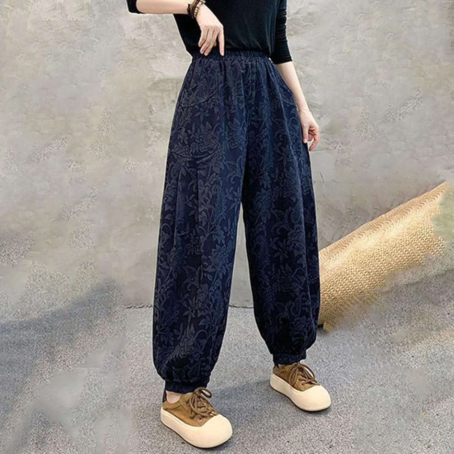 HGps8w Baggy Embroidered Harem Pants for Women Plus Size Casual Comfort Lounge Trousers with Pockets