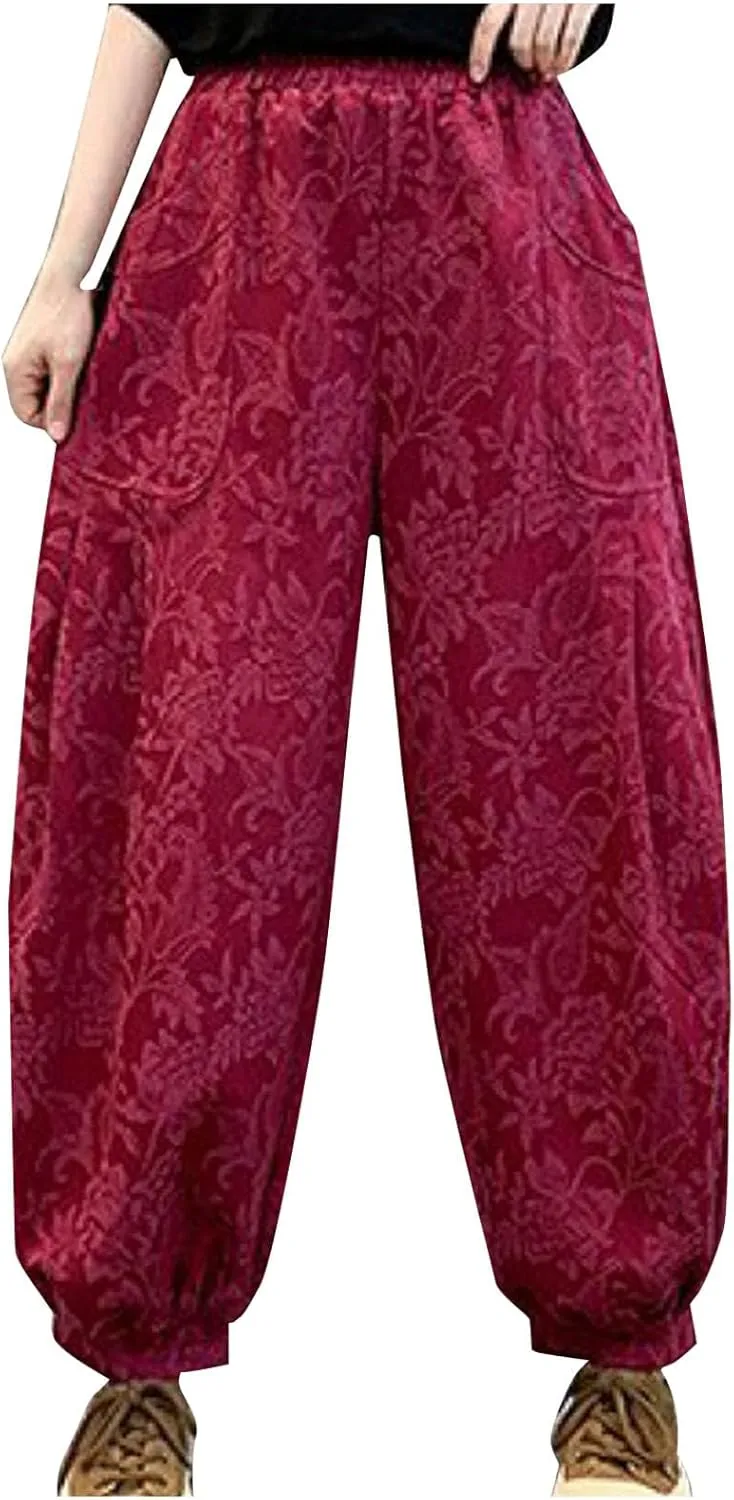HGps8w Baggy Embroidered Harem Pants for Women Plus Size Casual Comfort Lounge Trousers with Pockets