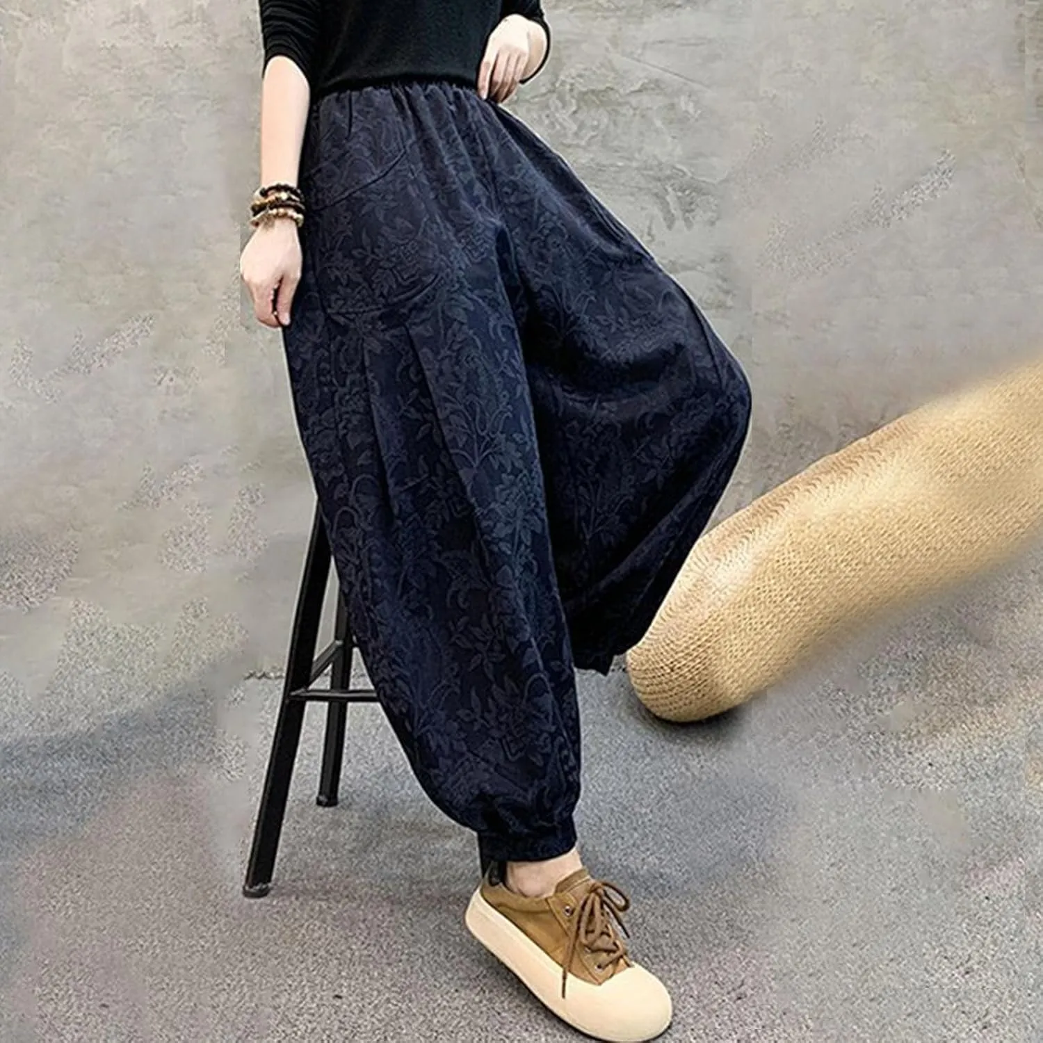 HGps8w Baggy Embroidered Harem Pants for Women Plus Size Casual Comfort Lounge Trousers with Pockets
