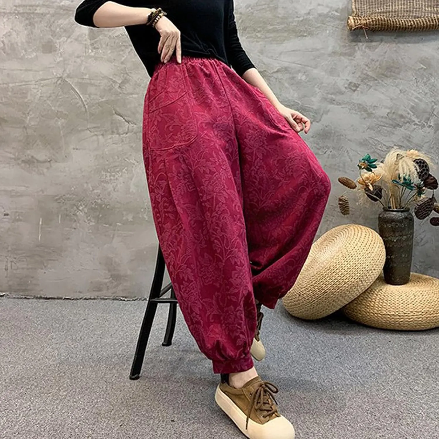 HGps8w Baggy Embroidered Harem Pants for Women Plus Size Casual Comfort Lounge Trousers with Pockets