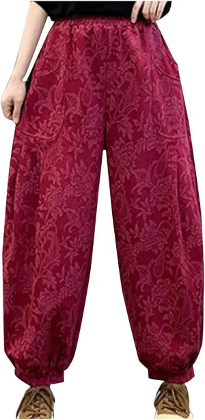 HGps8w Baggy Embroidered Harem Pants for Women Plus Size Casual Comfort Lounge Trousers with Pockets