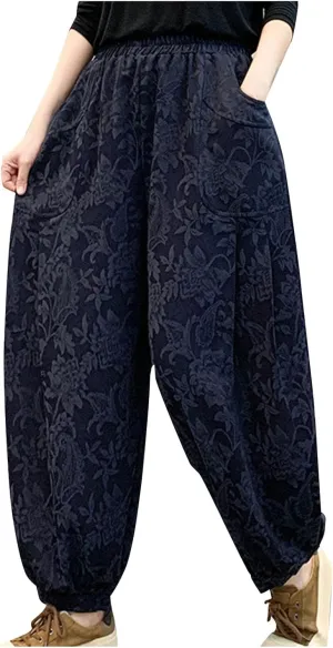 HGps8w Baggy Embroidered Harem Pants for Women Plus Size Casual Comfort Lounge Trousers with Pockets