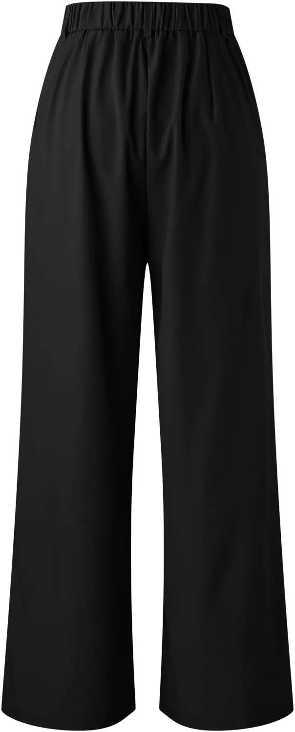 High Waisted Pants for Women Elastic Waist Lounge Trousers with Pockets Comfort Loose Fit Casual Palazzo Pants