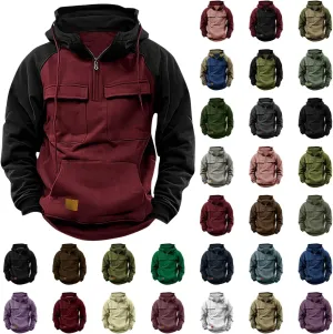 Hoodies for Men Quarter Zip Aztec Pullover Tactical Jacket Fall Vintage Outdoor Hooded Cargo Sweatshirts Multi Pocket