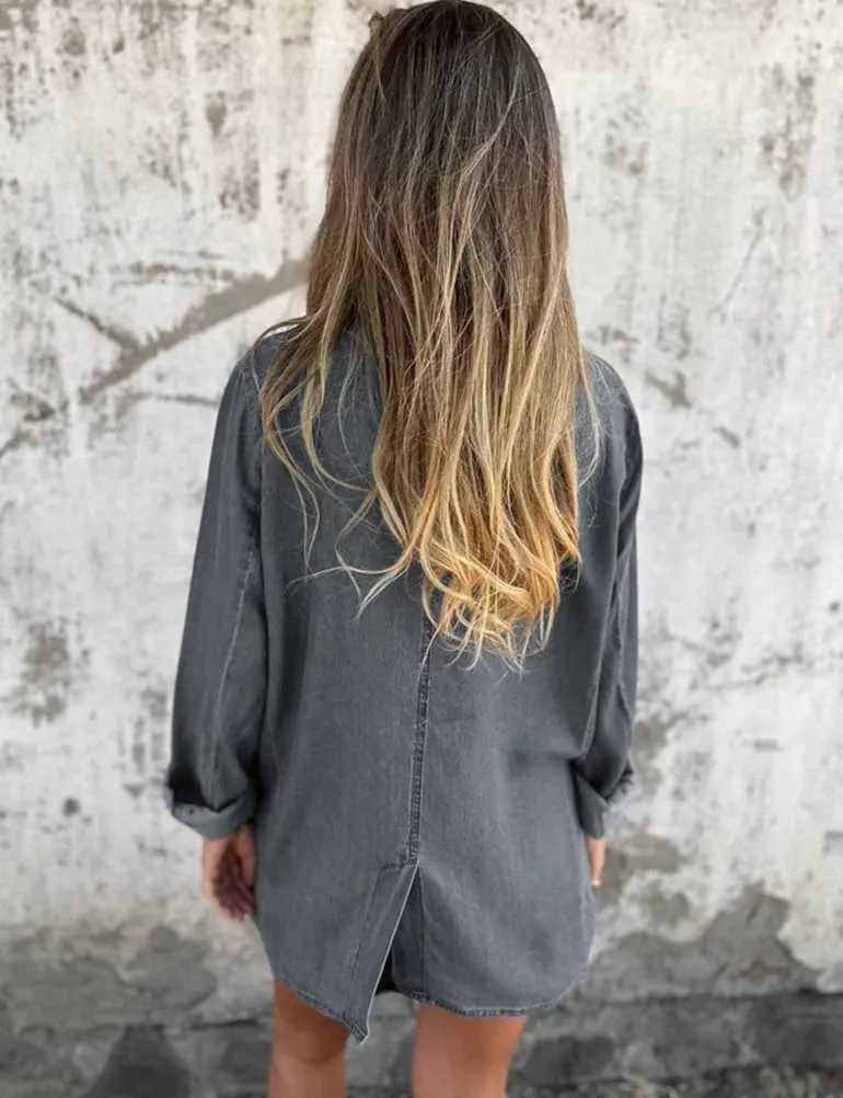 IDEALSANXUN Long Denim Blazer for Women Fall Casual Jean Jacket Oversized Shacket Lightweight Coats
