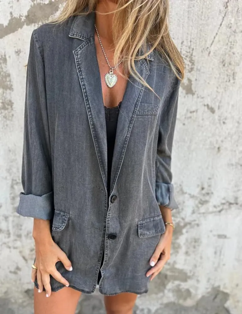IDEALSANXUN Long Denim Blazer for Women Fall Casual Jean Jacket Oversized Shacket Lightweight Coats
