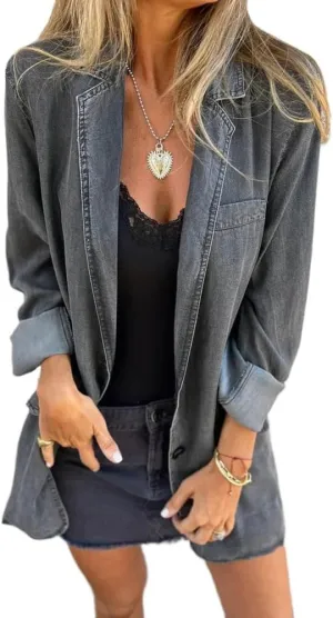 IDEALSANXUN Long Denim Blazer for Women Fall Casual Jean Jacket Oversized Shacket Lightweight Coats