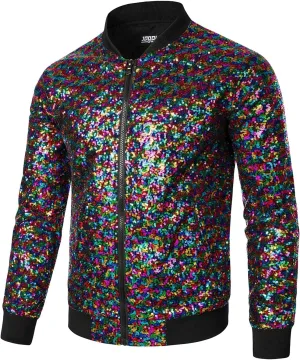 JOGAL Mens Sequins Nightclub Styles Zip up Varsity Baseball Bomber Jacket